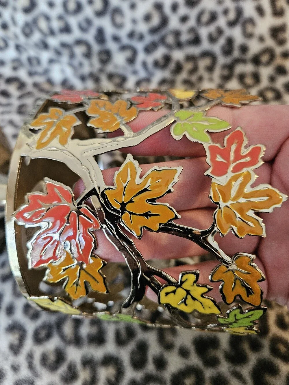 Bath & Body Works Gold Autumn Fall Maple Leaves 3-Wick Candle Pedestal Holder